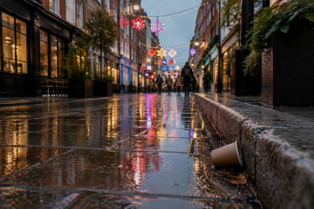 A rain-wet London pavement reflecting festive street lights in the evening