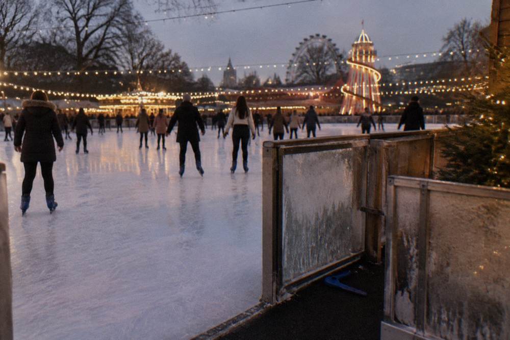 Open-air ice rink with skaters under a bandstand canopy lit by strings of lights